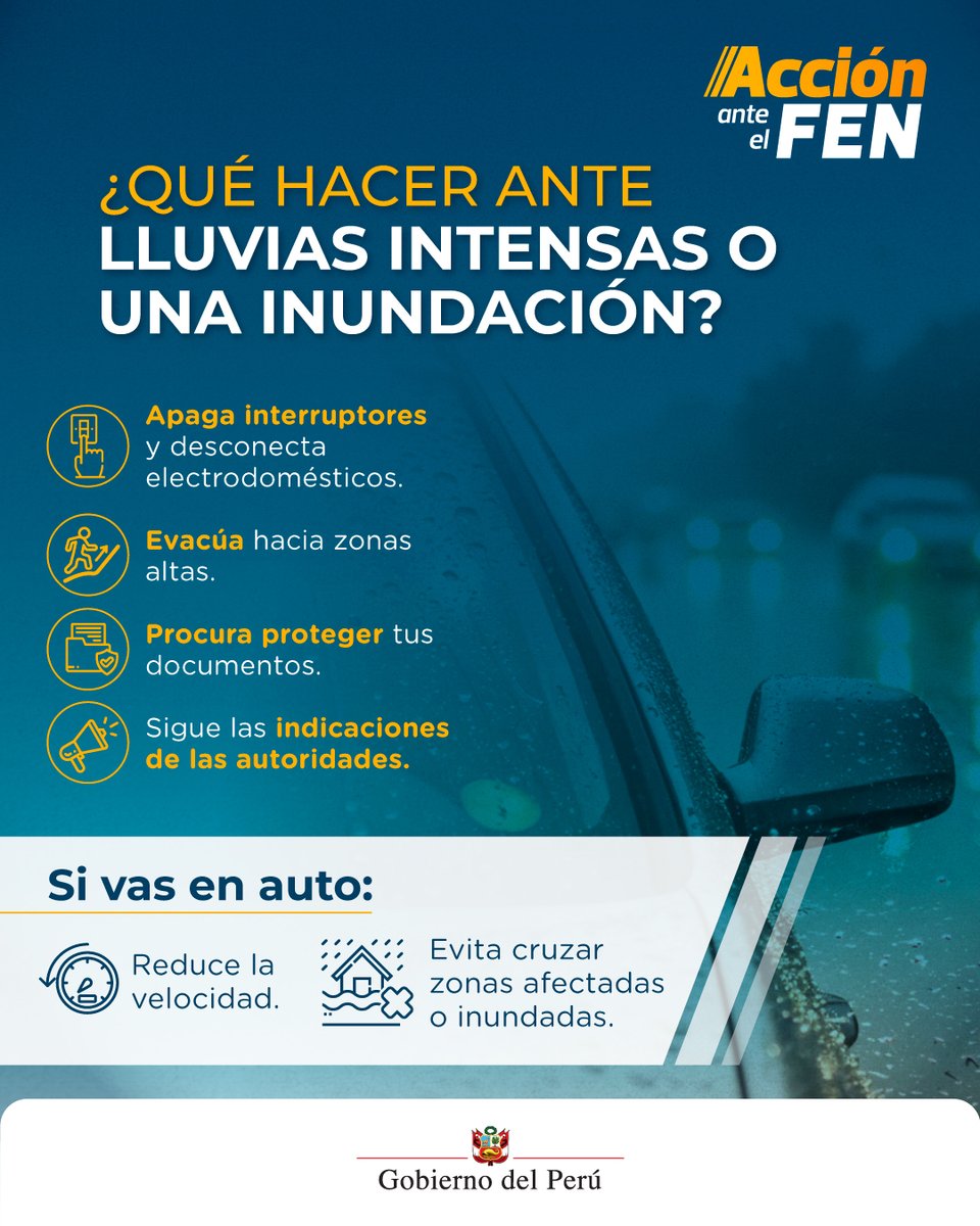 MTPE_Peru's tweet photo. #AcciónAnteElFEN Ante una inundación, debes evacuar de inmediato y seguir las indicaciones de las autoridades. En caso no tengas tiempo, aplica la evacuación vertical y dirígete al punto más alto de tu casa. https://t.co/eJKty9r3P2