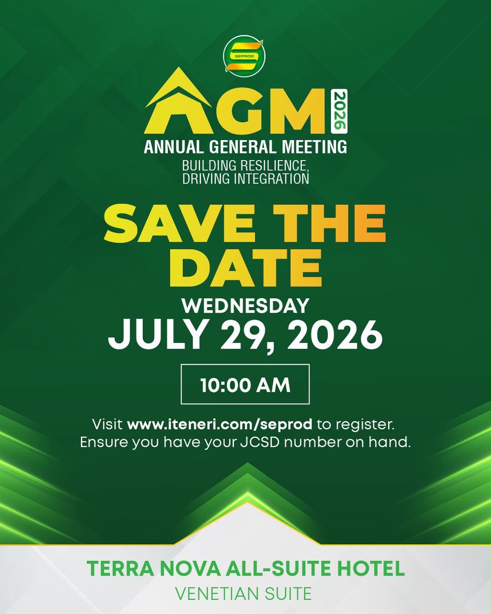 seprodgroup's tweet photo. Join us as we reflect on a year of progress at Seprod Limited’s Annual General Meeting on Wednesday, July 29, 2026.
Please register for online or in person attendance at https://t.co/xOubzYonif. Ensure you have your JCSD number on hand.
#Seprod #MustBeGood #AGM2026 https://t.co/mMJ0uxiMI9