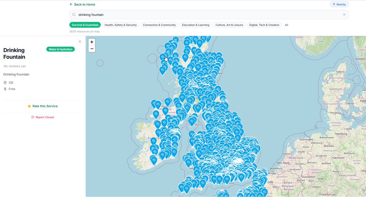 FreeloadinCom's tweet photo. 2830 Drinking water fountains and other places you can easily access clean drinking water.

All of these are free of permission as far as I can tell and don't require going into a premises like a pub or shop.

Survival infrastructure is being mapped. ❤️🙏

https://t.co/ITFf40SpAS https://t.co/HChzcvvF1x
