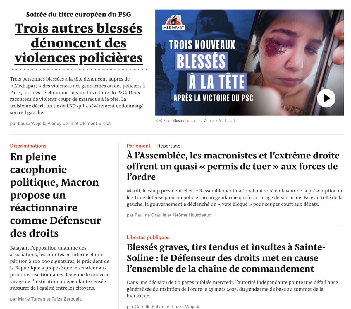 globhumanitaire's tweet photo. La une de @Mediapart aujourd'hui Mercredi 8 juillet ne saurait mieux illustrer la violence qu'ont été les mandats de #Macron. https://t.co/LIExNNO1tv