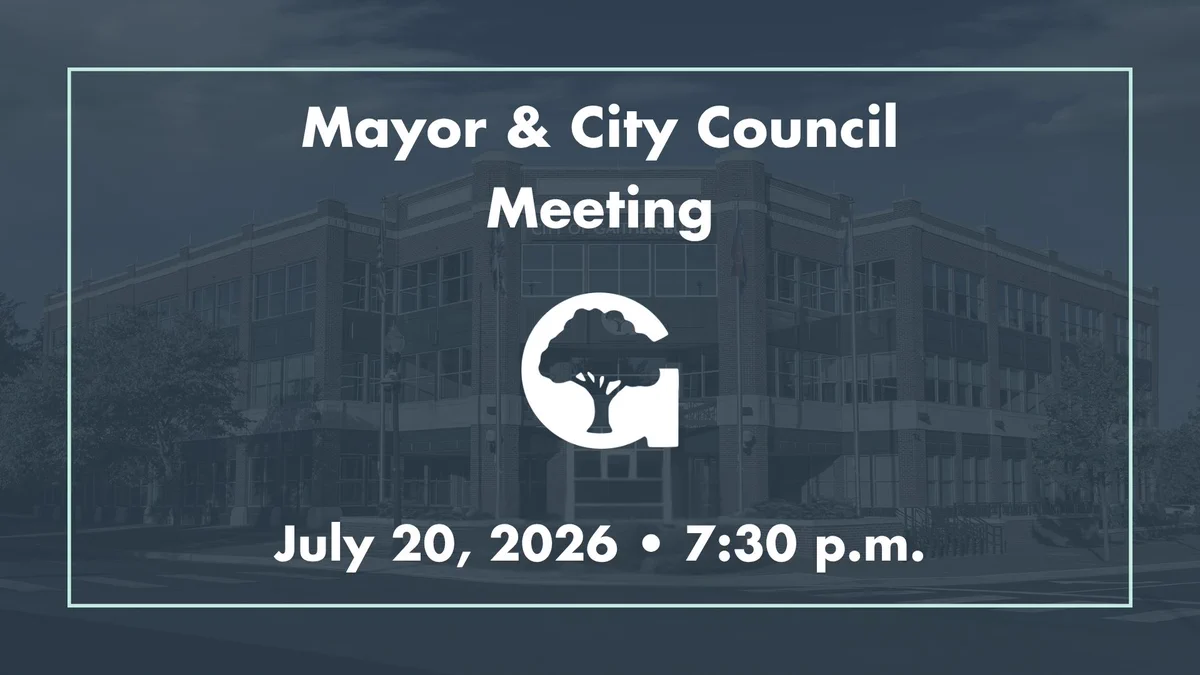 Graphic for Mayor and City Council meeting featuring front exterior of 16 S. Summit Ave.  background, with meeting details and a tree logo. Scheduled for July 20, 2026, at 7:30 p.m.