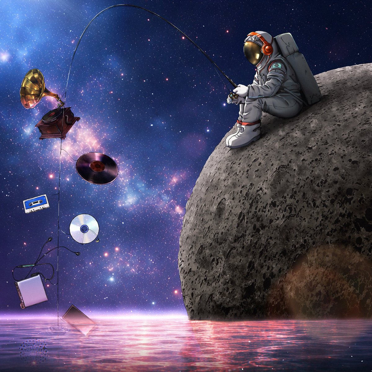 HannawaSAMMA's tweet photo. ❁ In Liminal
境界って結局 人間が生きやすくする為に作った概念みたいなもので それが無いのは宇宙かなぁ
じゃあ 目に見えるいちばん大きい境界は？ 水平線かなぁ
みたいな連想ゲームで描きあげた1枚。

音楽を聴いてきたツールたちは SONY産のものを
そして宇宙飛行士の腕の部分には...( .  ̫ . https://t.co/uhknFxKgXF