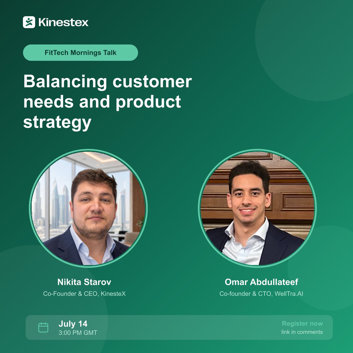 KinestexAI's tweet photo. Building products in digital health, fitness, or AI?

Join our next FitTech Mornings on July 14, 3 PM GMT with Omar Abdullateef, Co-founder &amp; CTO at https://t.co/iLlmMhqNWo, to discuss how product teams make roadmap decisions when priorities compete. https://t.co/18XIHGx6mL