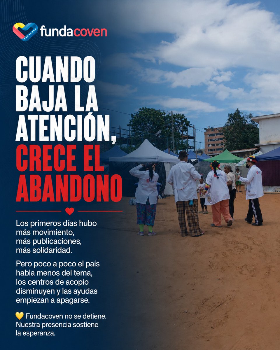 fundacoven's tweet photo. La normalidad no debe significar abandono.

Mientras muchas zonas del país intentan retomar su ritmo, en La Guaira muchas familias siguen viviendo las consecuencias de una tragedia que aún no termina.

Las comunidades afectadas siguen enfrentando pérdidas, incertidumbre, falta de estabilidad, necesidades básicas y un futuro que todavía no está claro.

Con el paso de los días, la atención baja.
Las publicaciones disminuyen.
Los centros de acopio se reducen.
Las ayudas empiezan a apagarse.

Pero las familias siguen ahí.

Desde Fundacoven seguimos presentes, escuchando necesidades, organizando donativos, preparando kits y buscando formas de llegar a quienes más lo necesitan.

Porque acompañar también es quedarse cuando otros se van.

No dejemos sola a La Guaira.
La ayuda no puede sostenerse solo unos días.

Dona. Comparte. Habla de esto.
Cuando la atención baja, la solidaridad debe continuar.