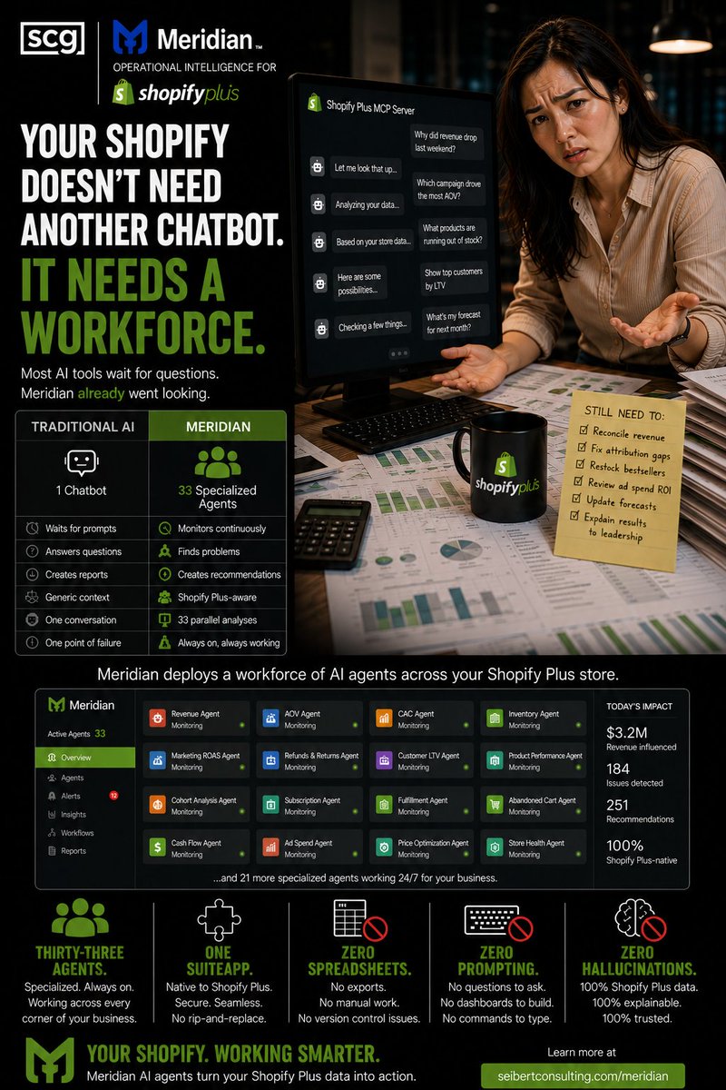 paul_seibert's tweet photo. Your Shopify store doesn't need another chatbot.
It needs a workforce.
33 specialized AI agents.
Always on.
Always watching.
Always working.
Learn more:
https://t.co/yyvpwiUTL4
#Meridian #ShopifyPlus #AI https://t.co/fIlLZlUcVB