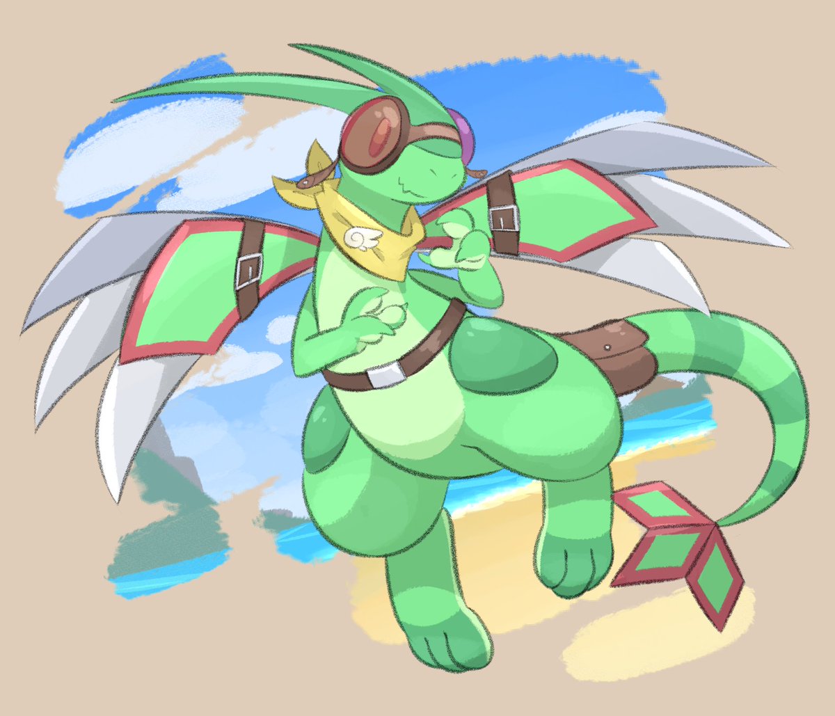 SlashyTDashy's tweet photo. meet Zeppy the Flygon! he's an enthusiastic, if a bit eccentric, tinker with smaller-than-usual wings, and he built himself a pair of metal Skarmory wings to help his flight capabilities... they're pretty neat for attack and defense, too >:3 https://t.co/m1JB2Pgrcs