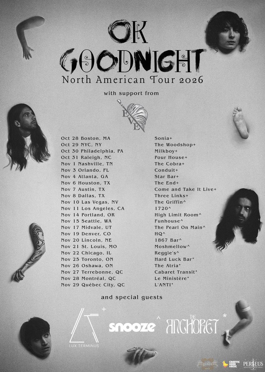 okgoodnightband's tweet photo. It is HAPPENING!! We are overjoyed to announce our North American Fall 2026 Tour! We will be joined by Eve on lead guitar, whose solo project will also make its live debut as the opener on this run. Supporting us will be special guests Lux Terminus, snooze, and The Anchoret. https://t.co/fmumcNioSA