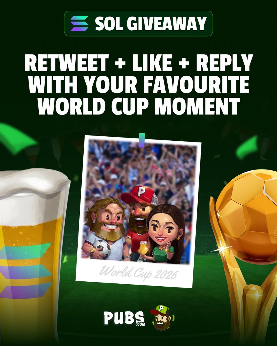 pubscasino's tweet photo. 🚨 SOLANA GIVEAWAY 🚨

We're giving away 1 $SOL everyday for the ENTIRE WORLD CUP! 🏆

Today's entry:
Reply with a GIF/video of your favourite World Cup 2026 moment ⚽️
Retweet and like this tweet 🔁❤️
Follow us 👤

One random winner announced tomorrow! https://t.co/11ttlGSdmA