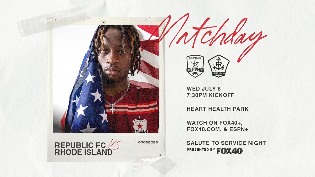 SacRepublicFC's tweet photo. Salute to Service Night! 🇺🇸

🆚 Rhode Island FC
📍Heart Health Park
⏰ 7:30PM
📺 FOX40+, https://t.co/QM7jz2HBLg, ESPN+

#SACvsRI https://t.co/yI3se8jHd7