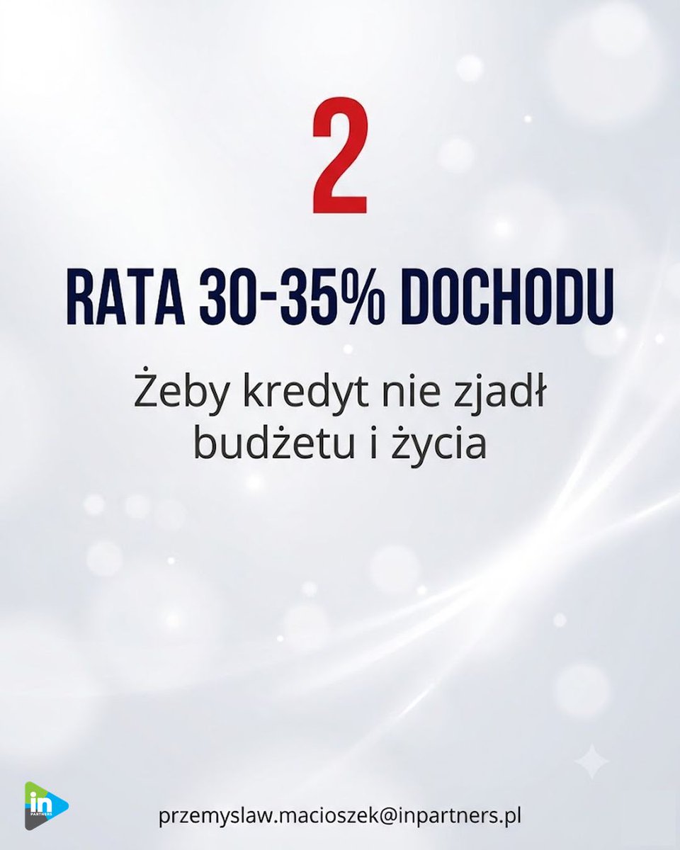 macioszek_aw's tweet photo. 3 rzeczy, zanim weźmiesz kredyt:

1. Zdolność i scoring
2. Rata max 30–35% dochodu — to sufit, nie cel
3. Bufor na kilka miesięcy, zanim weźmiesz ratę na lata

Rata przy zmiennym oprocentowaniu potrafi ostro urosnąć — po 2021 wielu podwoiła się w rok. Nie bierz „na styk". https://t.co/n430oJwfHd