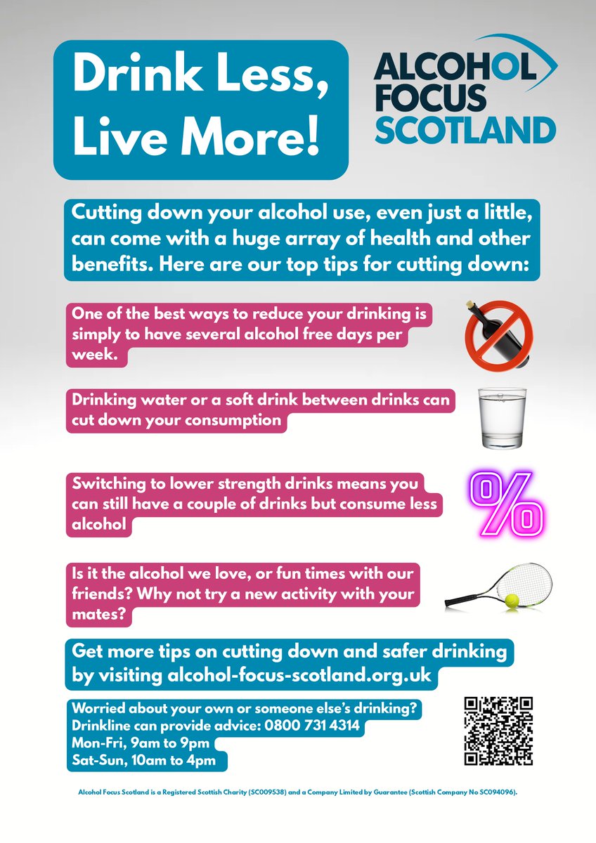 NHSGrampian's tweet photo. #AlcoholAwarenessWeek 🍻 Thinking about cutting back on alcohol? Even small changes can make a big difference to your health and wellbeing.
Drink Less, Live More. https://t.co/YF5A3ec3HA