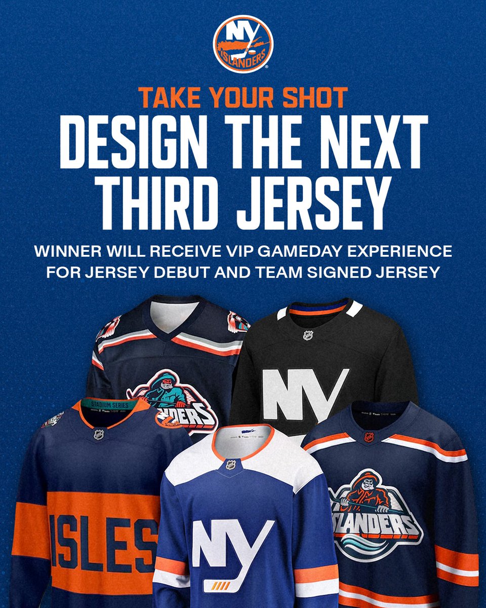 NYIslanders's tweet photo. A jersey made for the fans, designed by the fans.

This is your chance to design the #Isles Third Jersey for the 2027-2028 Season! 

Enter now ⬇️