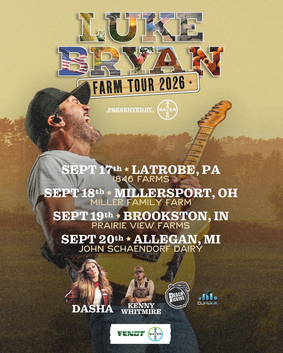 lukebryan's tweet photo. Just announced: can’t wait to have @dasha__music, @kenny_whitmire_, @ThePeachPickers, and @the_djrock out on the farm this September for #FarmTour2026. Tickets are on sale now. #HeresToTheFarmer 

https://t.co/hGJoyrQkHb https://t.co/GuaPb1mg58