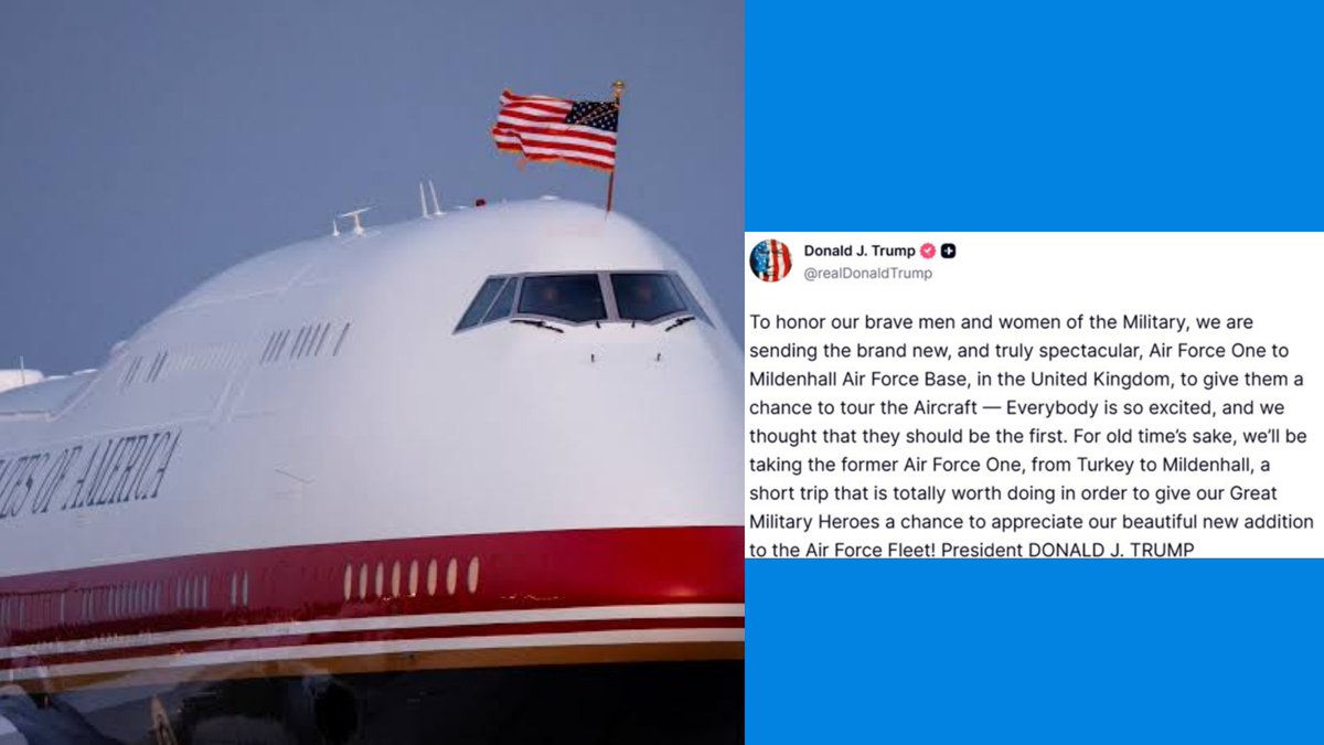 TrumpDailyPosts's tweet photo. 🚨President Trump is doing something truly special for our military heroes!

He’s sending the brand new, spectacular Air Force One to Mildenhall Air Force Base in the UK so our troops can be the first to tour it!

This is what real leadership and respect for our military looks like.

Our warriors are getting the honor they deserve. Let’s go! 🇺🇸