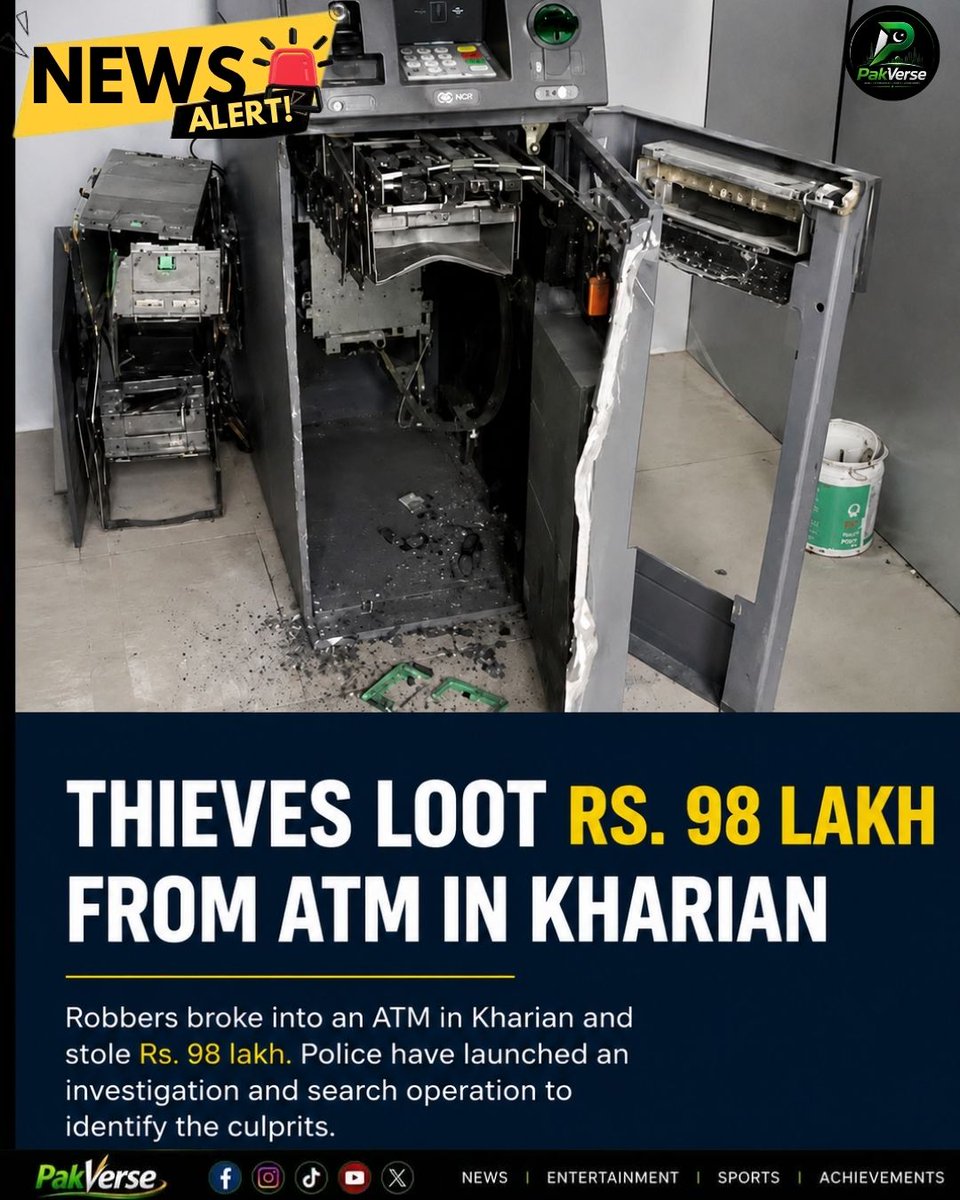 PakVerseMedia's tweet photo. 🚨 Rs. 98 Lakh ATM Heist in Kharian! 💸
Robbers allegedly broke into an ATM and escaped with Rs. 98 lakh, exposing serious concerns over bank security.
 #ATMRobbery #BreakingNews https://t.co/Yb33Ll9Q6J