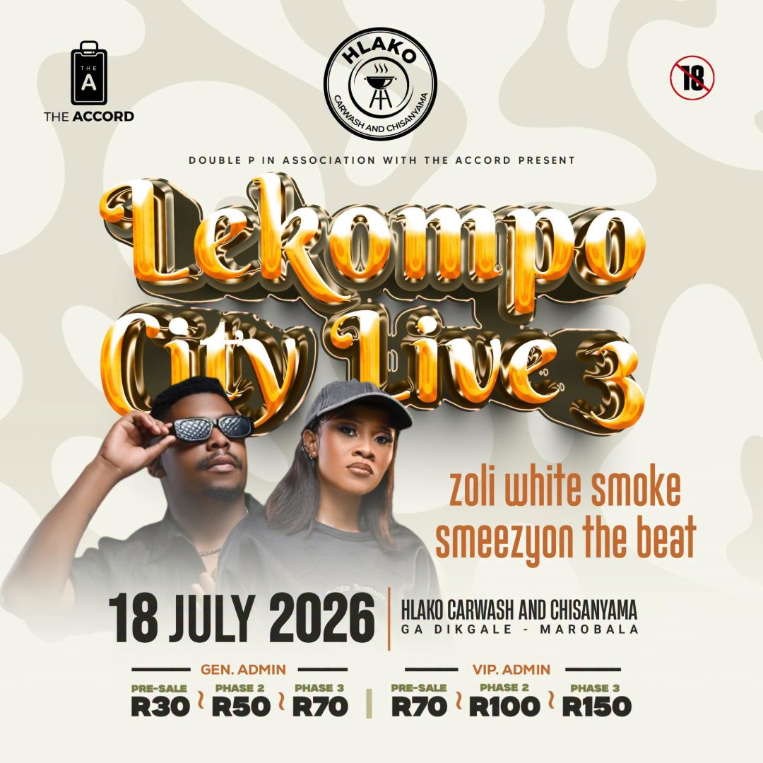 Computicket's tweet photo. 🔥 LEKOMPO CITY LIVE 3 🔥
The ultimate Lekompo energy takes over Limpopo! Ready to groove to the heavy beats of Zoli White Smoke and Smeezyon the Beat live? 🎧✨Comment below if you're pulling up! 👇
🔗 https://t.co/Wwm77Tq4ST
📍 Ga Dikgale
🗓️ 18 July
💰 From R50 https://t.co/UpbcOVeHQl