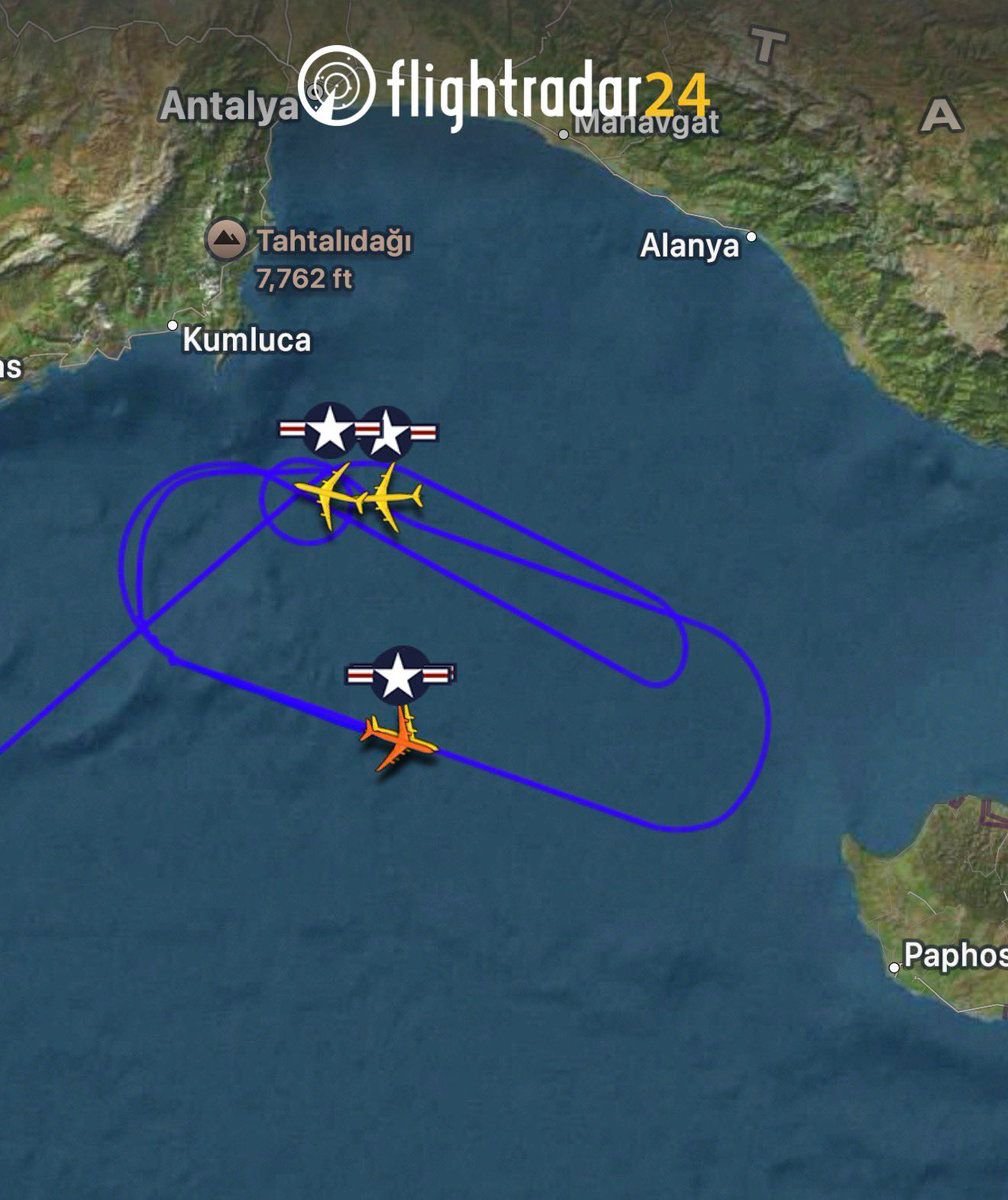 MarioNawfal's tweet photo. 🇺🇸 Multiple U.S. fighter jets or bombers spotted heading across the Mediterranean.

Source: Flight radar / Writer: Samuel https://t.co/Iuy5zqiucm