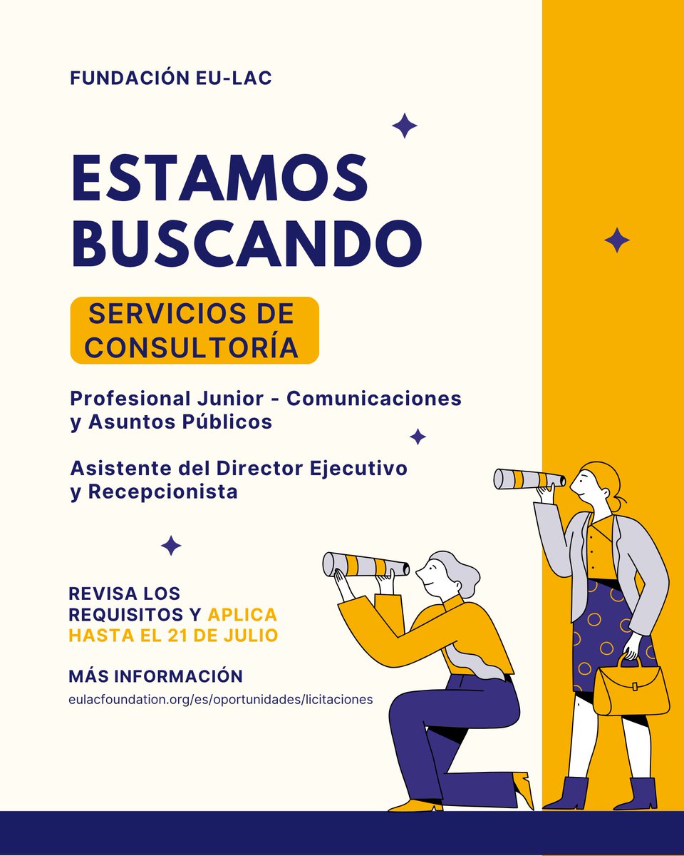 eulacfoundation's tweet photo. 📣 ¡Nuevas oportunidades de consultoría en la Fundación EU-LAC!
Abrimos dos convocatorias para la prestación de servicios de consultoría, con inicio previsto el 1 de septiembre de 2026:

🔹 Profesional Junior – Comunicaciones y Asuntos Públicos
Modalidad parcial: 20 horas semanales
Trabajo remoto posible desde cualquier país de la UE
Perfil orientado a comunicación digital, redes sociales, boletines, medios, contenidos web y visibilidad institucional.

🔹 Asistente del Director Ejecutivo y Recepcionista
Modalidad parcial: 20 horas semanales
Trabajo presencial en Hamburgo
Perfil orientado a asistencia ejecutiva, recepción, gestión de agenda, viajes, correspondencia y apoyo administrativo.

📅 Fecha límite para postular: 21 de julio de 2026, al final del día (CEST).

Invitamos a profesionales y empresas consultoras de la Unión Europea, América Latina y el Caribe a revisar los términos de referencia y presentar sus candidaturas.

🔗 Más información: https://t.co/2slRSwtSQ4
