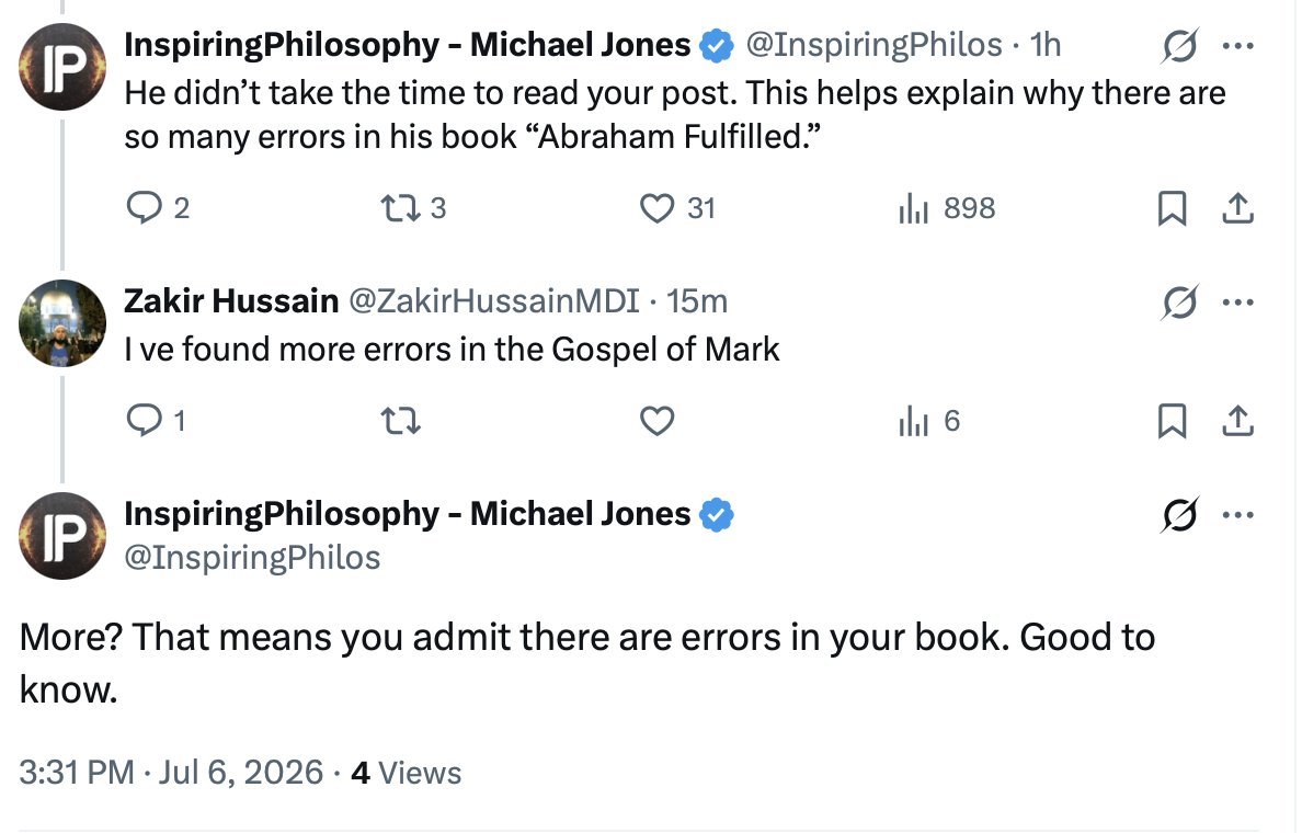 InspiringPhilos's tweet photo. An author of "Abraham Fulfilled" accidently admited there are errors in his book. Notice he thinks there are errors in Mark, but says “more errors,” which implies he acknowledges errors are in his book. https://t.co/RZmMykcHAL