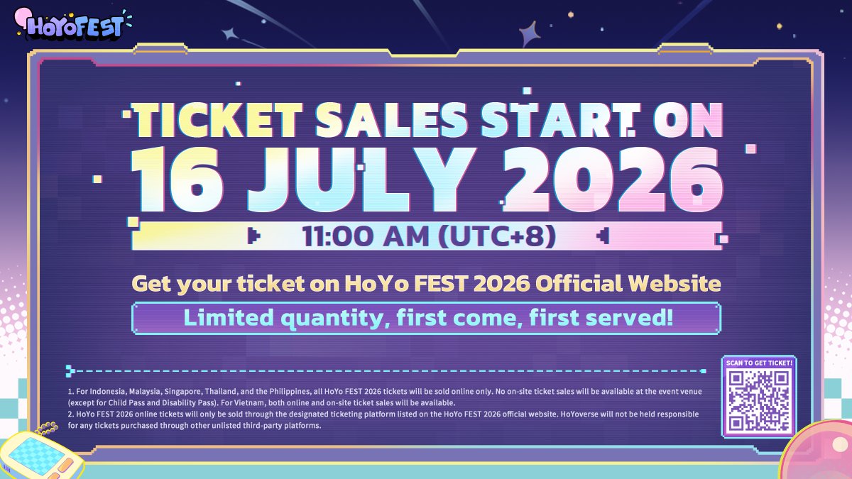 ZZZ_EN's tweet photo. HoYo FEST 2026 Event Details & Ticket Sales Date Announcement – check it now on the official website!

〓📣 HoYo FEST 2026 Event Details & Ticket Sales Date Announcement〓

Dear Proxy, 
#HoYoFEST2026 Official Website is now online! Click the link in the comment section below now to check the event details now! 🔎

🎟️ Psst, ticket sales will begin on 16 July 2026 11:00 (UTC+8)! Don't miss out!

【📍Event Details】
Bangkok, Thailand: 30 July – 2 August 2026, 10:30 – 20:00, Central Ladprao, BCC HALL
Ho Chi Minh City, Vietnam: 30 July – 2 August 2026, 09:00 – 20:00, Sky Expo, Hall A4
Jakarta, Indonesia: 30 July – 2 August 2026, 10:00 – 21:00, Pondok Indah Mall 3, City Hall
Kuala Lumpur, Malaysia: 30 July – 2 August 2026, 10:30 – 21:00, Pavilion Exhibition Centre Bukit Jalil, Hall 1-3
Manila, The Philippines: 30 July – 2 August 2026, 10:00 – 21:00, SPACE at One Ayala, Hall A-D
Singapore: 31 July – 2 August 2026, 11:00 – 21:00, Suntec Singapore Convention & Exhibition Centre, Hall 403

#HoYoFESTZZZ