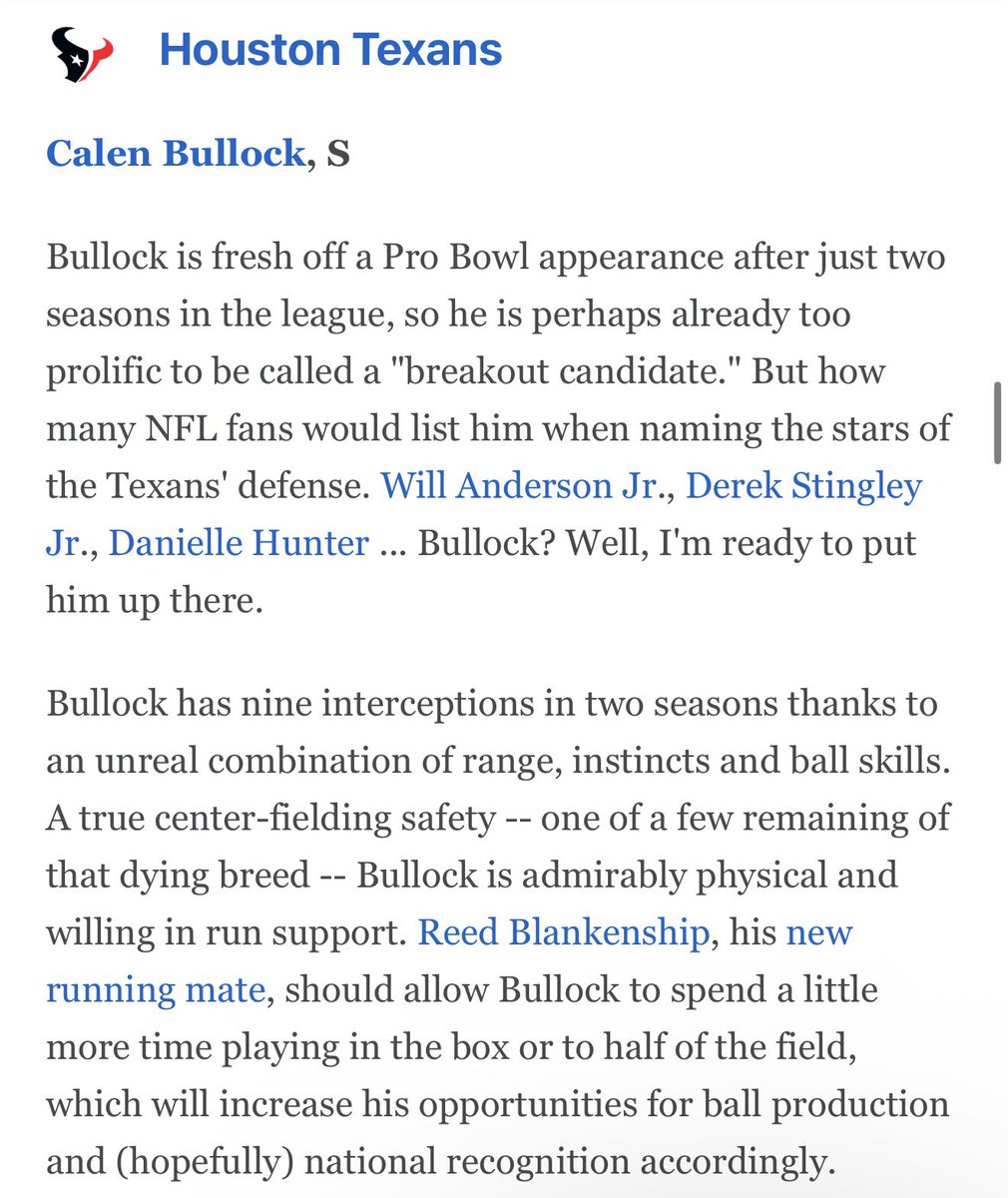 TexansCommenter's tweet photo. .@BenjaminSolak has Calen Bullock (@CalenBullock) as a breakout candidate for the Texans. He does state he’s “perhaps already too prolific to be called a ‘breakout candidate.’” https://t.co/2WA7HcGWUH