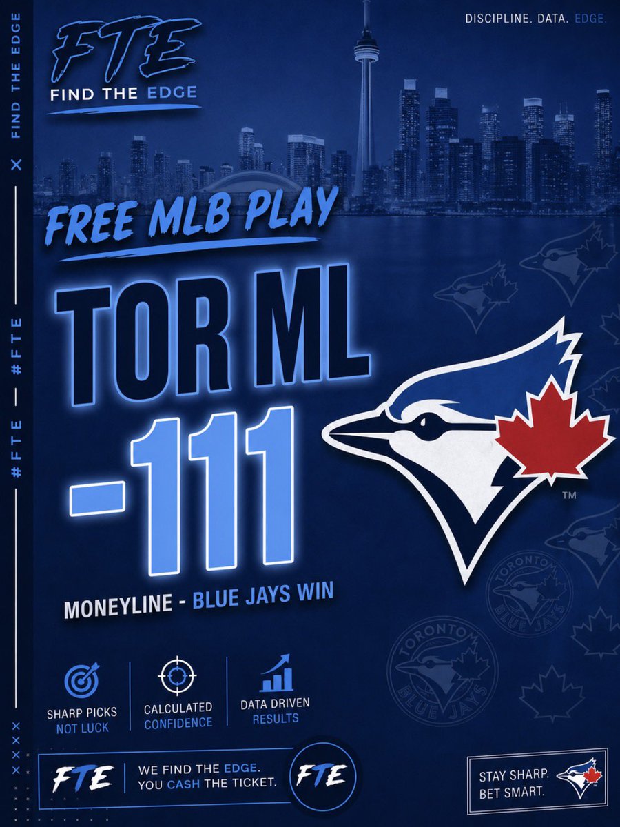 FindTheEdgeX's tweet photo. 7/8 MLB EARLY FREE PLAY🚨

TOR ML -111 (1.11u)

Odds on @Novig 

❤️ Like &amp; 🔔 Follow with notifications so you never miss a free play. https://t.co/fdrHwrkx9q