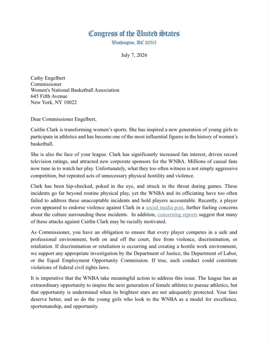 SportsPatriotUS's tweet photo. This should concern every WNBA fan... regardless of where you stand on Caitlin Clark.

The issue is no longer a missed foul, a flagrant, or social media arguments.

Members of Congress are now demanding answers from the league itself.

Whether you agree with the letter or disagree with it, one thing is undeniable:

The WNBA's leadership has allowed this situation to grow into something far bigger than basketball.

Serious organizations solve problems before Congress starts asking questions.