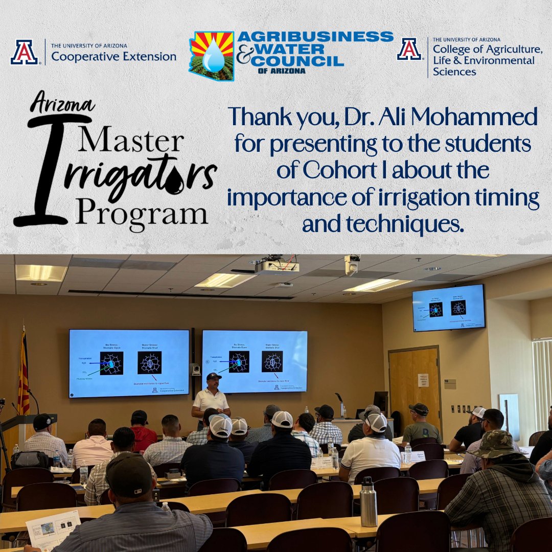 abwcaz's tweet photo. The Master Irrigators Program would like to thank Dr. Ali Mohammed for presenting to the students of Cohort I about the importance of irrigation timing and techniques. 

#ABWC #MIP #Arizona #Water #Agriculture #Irrigation https://t.co/TLeCw78O8l