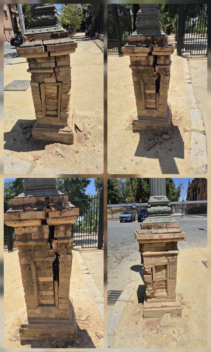 SevillaSeMuere's tweet photo. Así se encontraba este mediodía el basamento de una de las farolas de las inmediaciones de la Plaza de España, junto a la Torre Sur. Alguien sigue dudando de la vulnerabilidad del Monumento y su entorno. Los ciudadanos queremos saber qué ha pasado. Sabemos que hay cámaras allí. https://t.co/axfYcpkNv3