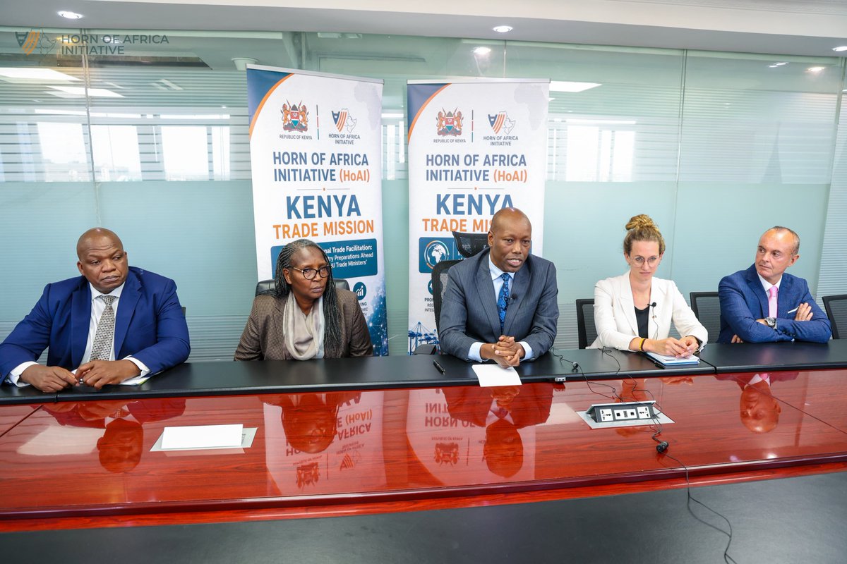 hoainitiative's tweet photo. Day One of the Kenya Trade Mission

As part of preparations for the forthcoming HoAI Trade Ministers' Meeting in Addis Ababa, a meeting was held today with Hon. @GovLeeKinyanjui, Cabinet Secretary for Investments, Trade, and Industry of Kenya, to discuss priorities for advancing regional trade and economic integration.

The meeting, led by the Deputy Head of Development Cooperation of the German Embassy in Nairobi, was attended by representatives from the EU Commission, World Bank, UK Embassy in Nairobi, KfW (Germany Development Bank) and a Horn of Africa Initiative (HoAI) delegation, alongside senior officials from the Government of Kenya and other key trade stakeholders.

Discussions focused on strengthening transport and logistics corridors, improving border efficiency, promoting strategic infrastructure investments, and fostering stronger partnerships among governments, development partners, the private sector, and local communities.

Participants highlighted Kenya's growing role as a logistics hub and discussed opportunities to enhance value chains integration in the region, creating sustainable economic activities along key trade corridors. They also emphasized the importance of addressing logistics bottlenecks and encouraging greater investment.

Hon. Lee Kinyanjui reaffirmed Kenya's commitment to working with regional partners and development partners to facilitate trade, strengthen regional connectivity, and promote investments that support sustainable economic growth across the Horn of Africa.

The Kenya Trade Mission marks the culmination of a series of national consultations that will shape the Horn of Africa's regional trade facilitation agenda ahead of the Trade Ministers' Meeting in Addis Ababa, where participating States will agree on shared priorities and the way forward.

@KeTreasury @MoF_Somalia @MoFP_SSD
@MoF_Ethiopia @mefidjibouti @worldbankgroup
@AfDB_Group @EU_Commission @BMZ_Bund
@FCDOGovUK