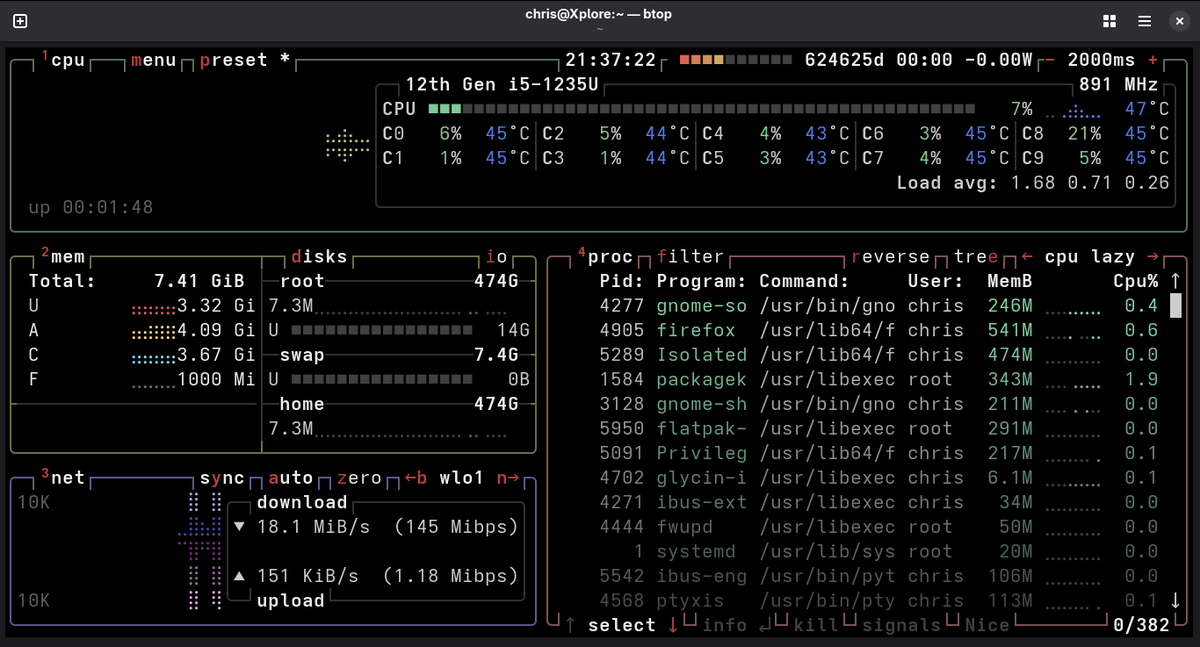 ChrisXplore's tweet photo. 👀 Still using top?

Meet btop — the Linux system monitor that makes terminal monitoring actually enjoyable.

⚡ Why developers and sysadmins love it:

• 📊 Beautiful real-time CPU, RAM, Disk & Network graphs
• 🔥 Live process viewer with sorting & filtering
• 🎯 Mouse support inside the terminal
• ⌨️ Easy keyboard shortcuts
• 🚀 Fast, lightweight, and highly responsive
• 🎨 Clean UI with multiple themes
Install it:
# Ubuntu/Debian
sudo apt install btop

# RHEL/Fedora
sudo dnf install btop

# Arch Linux
sudo pacman -S btop
One command:
btop
After trying btop, it's hard to go back to top.

🐧 What's your favorite terminal tool that more people should know about?

#Linux #LinuxTips #DevOps #SysAdmin #Terminal #OpenSource #Cloud #Programming #100DaysOfLinux #ChrisXplore