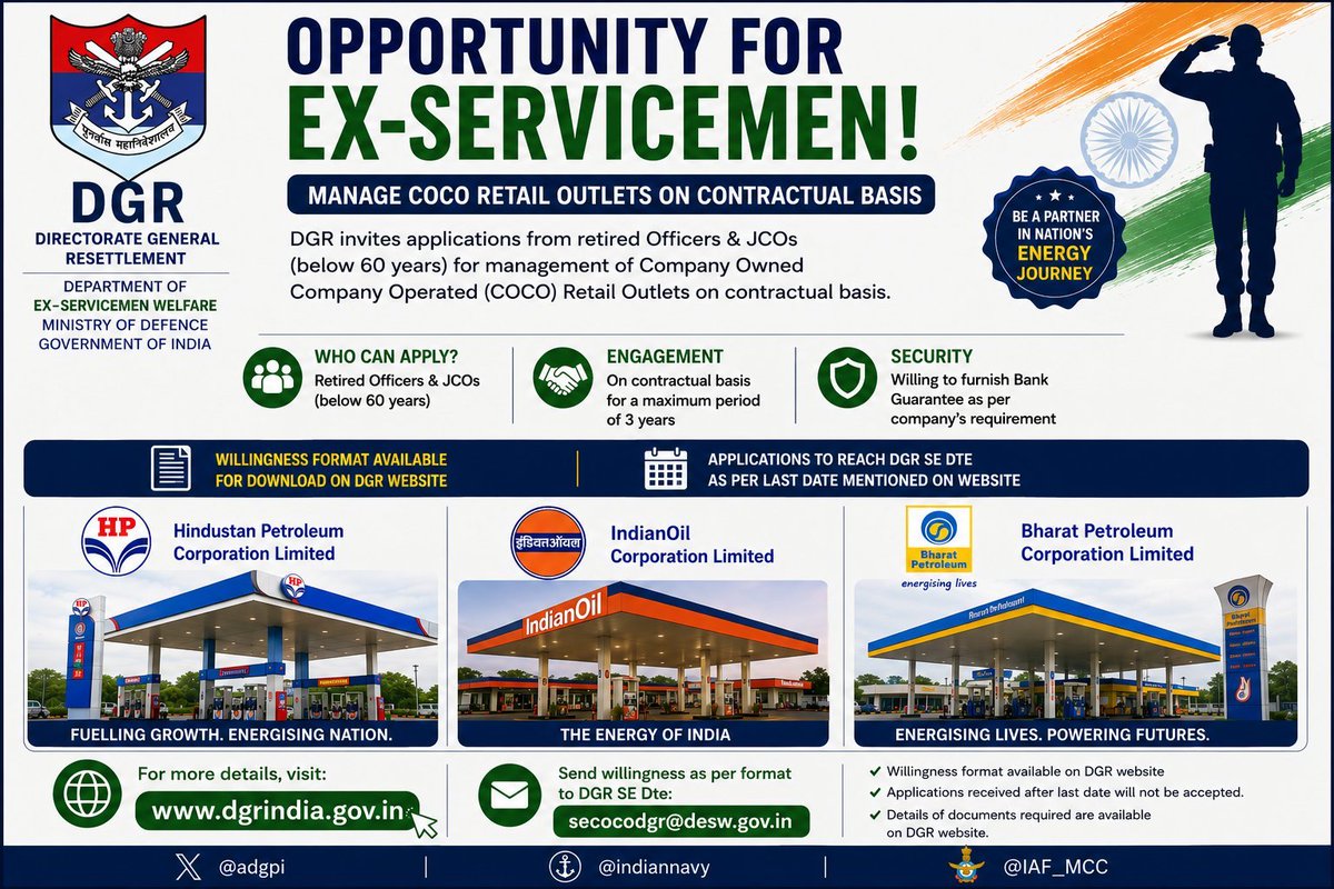dgrIndia's tweet photo. #DGR invites applications from retired Offrs &amp; JCOs (below 60 yrs) for management of COCO Retail Outlets on contractual basis for 3 yrs: 
📍 BP Nedumbassery(KERALA) – Last date: 27 Jul 26 
📍 BP Ernakulam (KERALA) – Last date: 27 Jul 26 
For more details👉🏻 https://t.co/neskZbCFgq https://t.co/Td57Ex5Bfq
