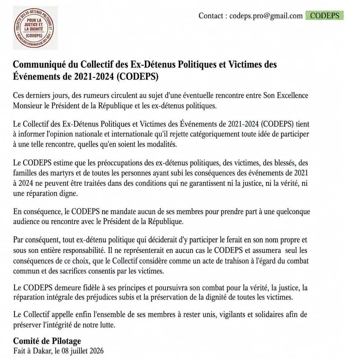 Noo_IDcard's tweet photo. 🚨 Le CODEPS rejette toute rencontre avec le Président de la République

Le Collectif des Ex-Détenus Politiques et Victimes des Événements de 2021-2024 (CODEPS) a publié un communiqué, ce 8 juillet 2026, pour démentir les rumeurs d’une éventuelle rencontre avec le Chef de l’État. 

Le collectif affirme qu’il ne participera à aucune audience tant que les garanties de vérité, de justice et de réparation ne seront pas réunies. 

Il précise également qu’aucun de ses membres n’est mandaté pour le représenter et que toute participation éventuelle relèverait d’une démarche strictement personnelle.