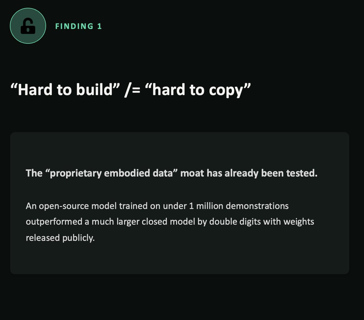 m_g_nichols's tweet photo. "Physical AI" is the new moat narrative. Software AI's less defensible, so smart money shifts into robotics, because "physical" is supposedly harder to copy.

But hard to build ≠ hard to copy. Two different claims. Investors keep treating them as one generic thesis.

Here's what most investors backing this don't know: Germany already lost this exact war: precision manufacturing to China over 16 years. Humanoid hardware just repeated that erosion in ~1 year. 5-8x faster.

"Physical" isn't a moat without other barriers: business model, regulatory.

Ran the full breakdown on Phaneros instead of taking the narrative at face value. Slice below👇.

DM me if you're in strategy, M&A, investment, PE and want to stress-test your theses before they cost you dearly.