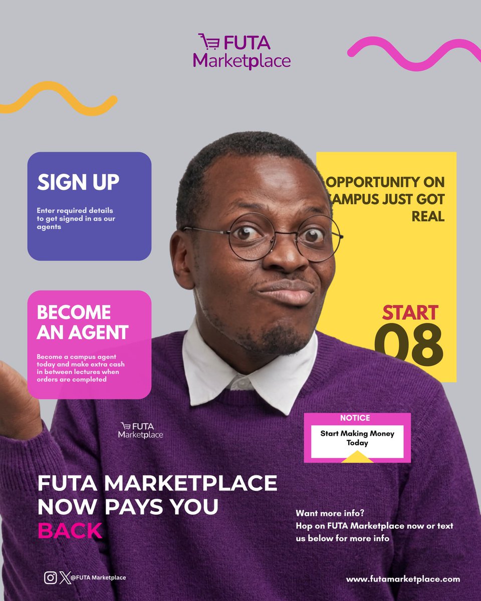 FUTAMarketplace's tweet photo. FUTARIANS, THIS ONE'S FOR YOU! 🔥

Become a FUTA Marketplace Campus Agent and earn by connecting your network to the FUTA Marketplace.

Fill the form below to get started. 👇🏽
https://t.co/01cejaEDoX https://t.co/waxR7d4yA6