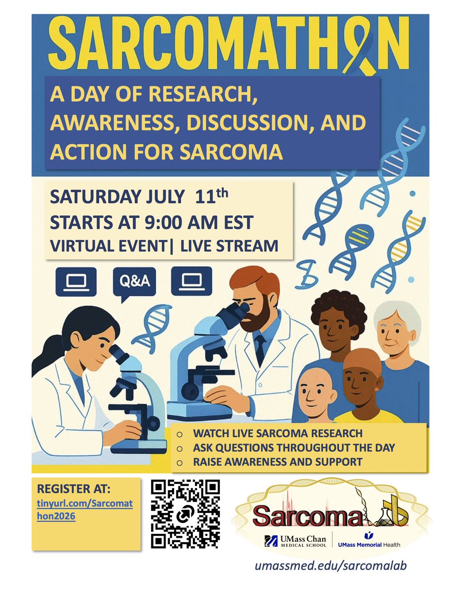 SarcomaLab's tweet photo. Three days until Sarcomathon 2026!

Join us a virtually @UMassChan to mark Sarcoma Awareness Month and join a marathon of sarcoma research!

Register at: https://t.co/DfFL2leZYp https://t.co/RtCEFzBql1