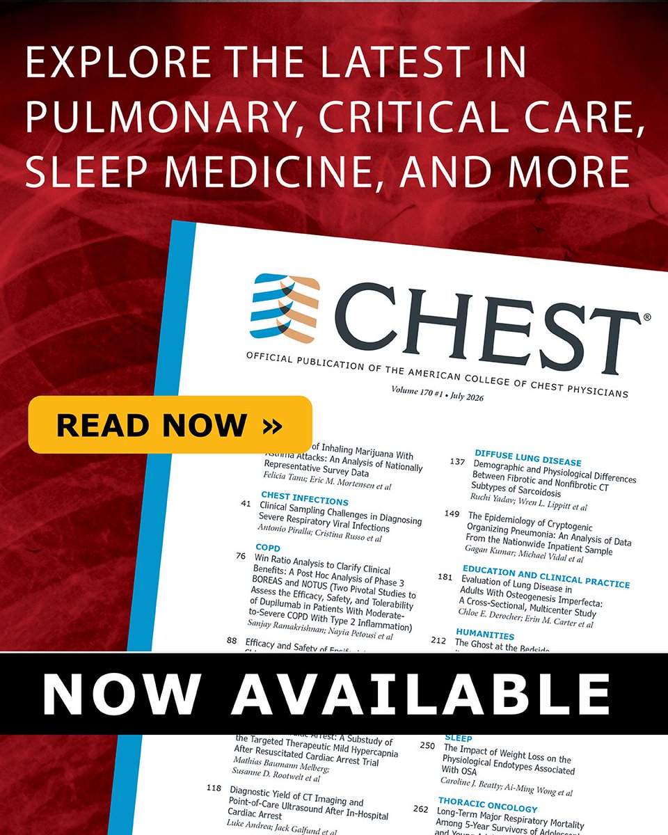 accpchest's tweet photo. Get the latest research in pulmonary, critical care, sleep medicine, and more in this month’s journal issue. Read the July 2026 issue—now available: https://t.co/i5gvb8Scjs
#JournalCHEST #MedEd #MedicalJournal #Pulmonology #Pulmonary #Lungs #Healthcare #LungHealth #LungDisease #Asthma #COPD #CriticalCare #SleepMed