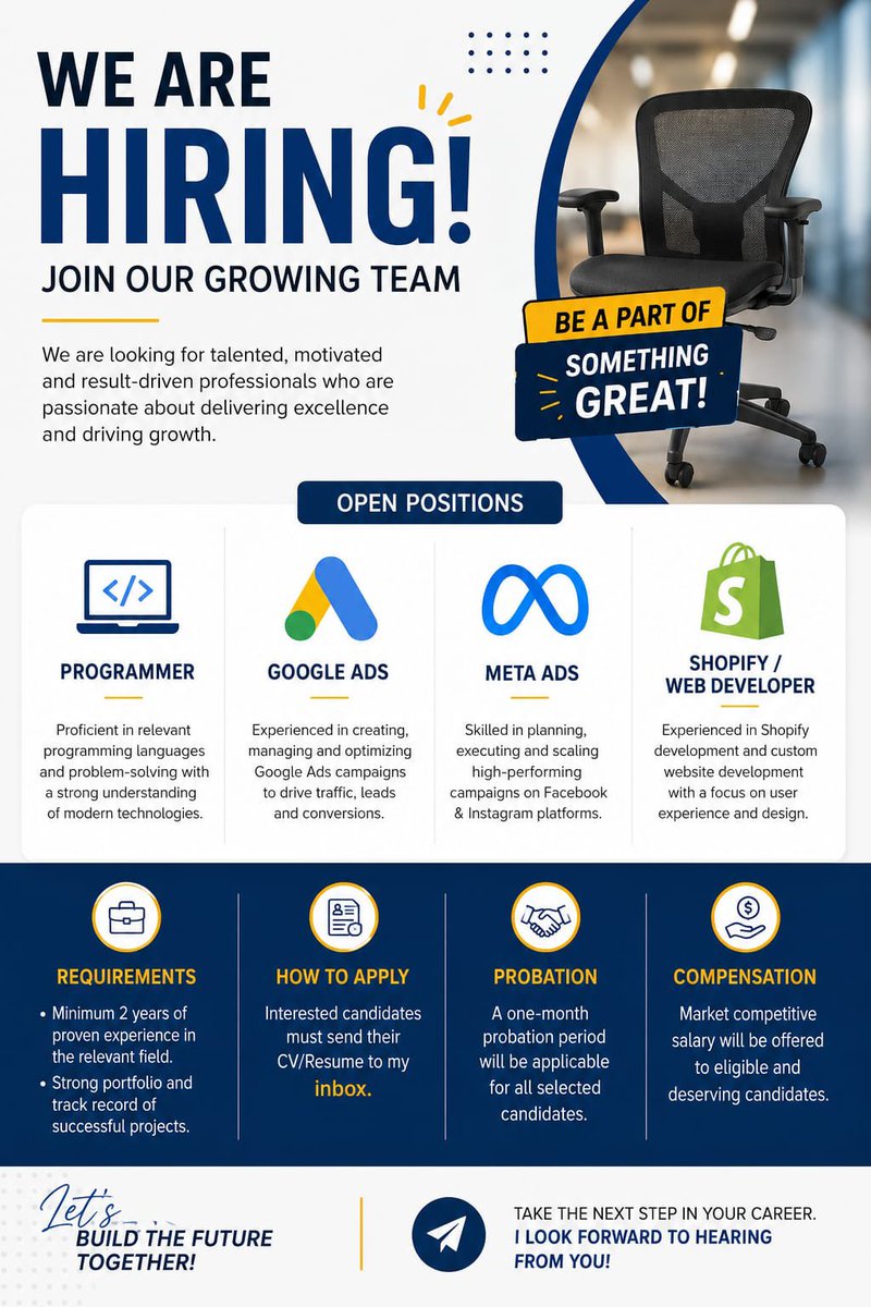 bakkarr222's tweet photo. We're hiring experienced Programmers, Google/Meta Ads Specialists, and Shopify Developers (2+ years min) with competitive salary package.
📍 Bahawalpur 
Send your CV. https://t.co/Ju29iHw3HF