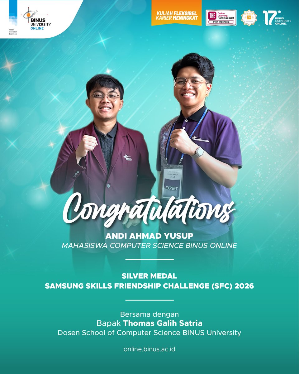 binusonline's tweet photo. 🥈 Prestasi Internasional dari Mahasiswa BINUS Online!

Selamat kepada Andi Ahmad Yusup, Mahasiswa Computer Science BINUS Online, atas keberhasilannya meraih Silver Medal kategori Web Technologies pada ajang Samsung Skills Friendship Challenge (SFC) 2026. https://t.co/wH0CYMFBVa