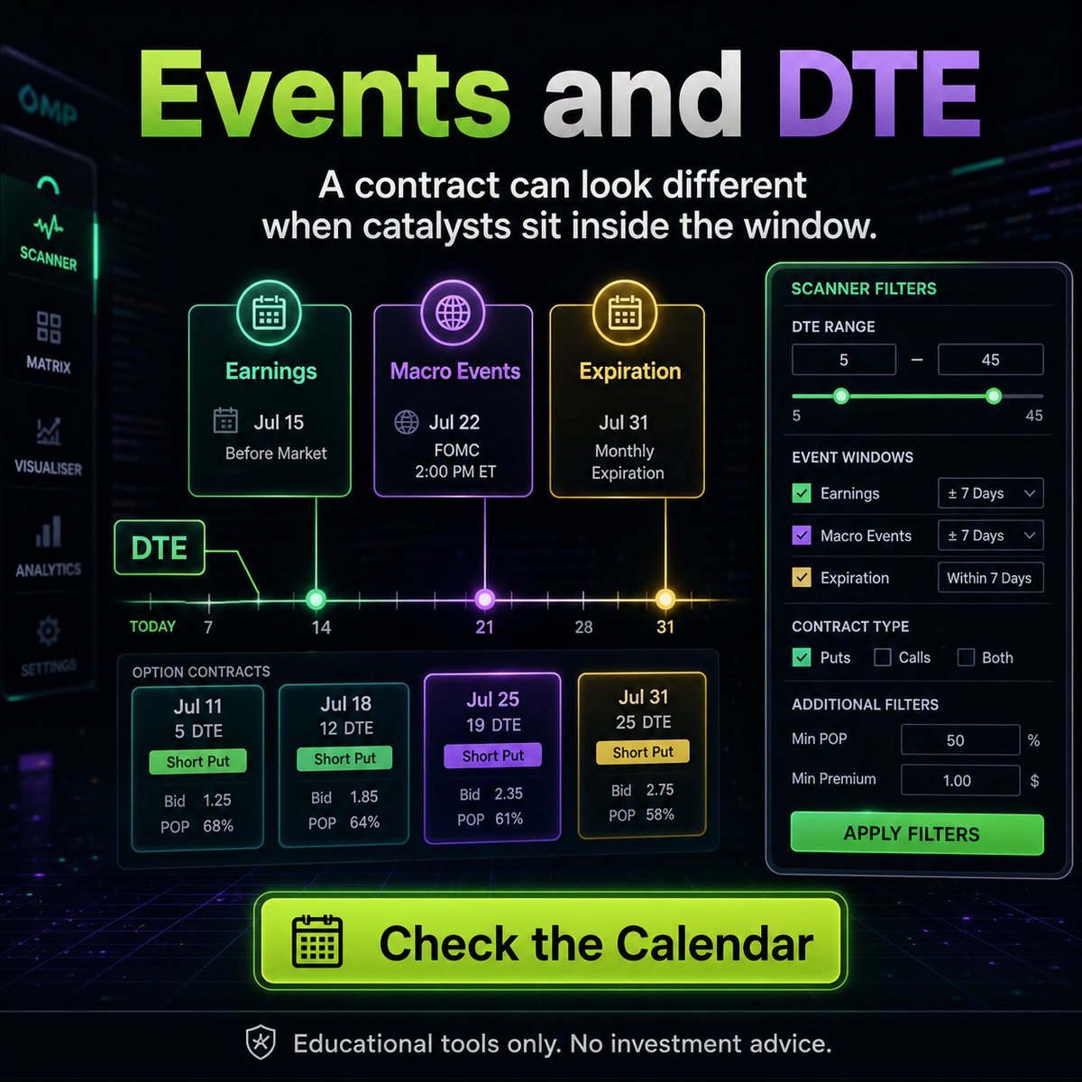 options_matrix's tweet photo. A scanner is only useful if the filters match the process. For CSP research, start with liquidity, DTE, events, breakeven and assignment fit before getting excited about premium. Better inputs usually mean a cleaner shortlist. Filter first. Compare second. https://t.co/7DhLmHINyg