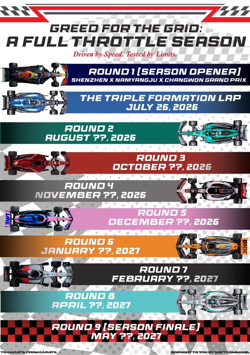 softcommand_'s tweet photo. GREED FOR THE GRID: A FULL THROTTLE SEASON
Fasten your seatbelts, Carats. It's time to race through the season together!
The race calendar is officially here. See you at every Grand Prix ποΈπ¨π
#GreedForTheGrid #AFullThrottleSeason https://t.co/VfH1WkRoEX