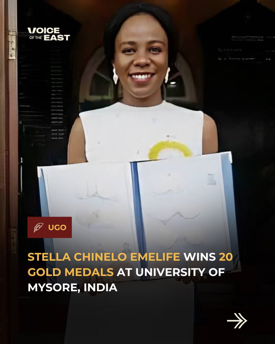 VoiceOfTheEast's tweet photo. Stella Chinelo Emelife has made history at the University of Mysore, India, graduating as the Best MSc Chemistry student and winning 20 gold medals, five cash prizes, and a university scholarship.

Her outstanding achievement marks the first time in the university’s 99-year history that a student has reached this milestone.

Congratulations to Stella Chinelo Emelife.