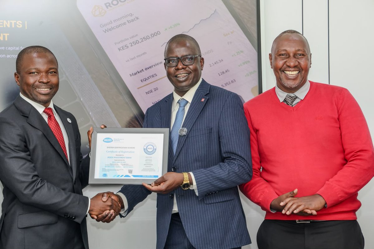 KEBS_ke's tweet photo. @KEBS_ke  this morning presented the ISO 9001:2015 Certification to Rock Investment Bank.

The certificate was presented by Eng. Zachariah Lukorito, Director Standards Development and Trade, and officially received by Managing Director, Dr. Belgrad Kenne, alongside Associate Director, Eliud Njoroge.

This milestone reflects the commitment of the Bank to quality management, continual improvement, and customer satisfaction. By adopting internationally recognized standards, Rock Investment Bank is strengthening its operational excellence and enhancing its competitiveness in the global marketplace.

Congratulations, Rock Investment Bank team, on this remarkable achievement. May this certification serve as a foundation for continued innovation, sustainable growth, and excellence, while inspiring other organizations to embrace standards as a driver of long-term success.

#KEBS #QualityMatters #ISO90012015 ^NJ