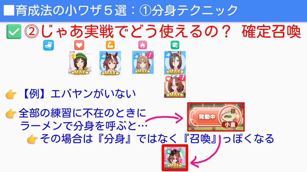 Nottinjpn's tweet photo. 【ウマ娘🎯ラーメンの分身の法則🎯新シナリオ】
※YouTube上での解説の方が詳しくやっています📺

✅どこの練習にもいない奴＝不在サポカは、優先して呼ばれる

✅全部の練習に不在のときに
👉ラーメンで分身を呼ぶと…

👉その場合は『分身』ではなく『召喚』っぽくなる

📝この知識を知っていれば生かせる局面も！
👉逆にいうと…知らなければ生かすことができない！

✅育成法の知識を役立ててください！

※解説動画もYouTubeにアップしています！📺