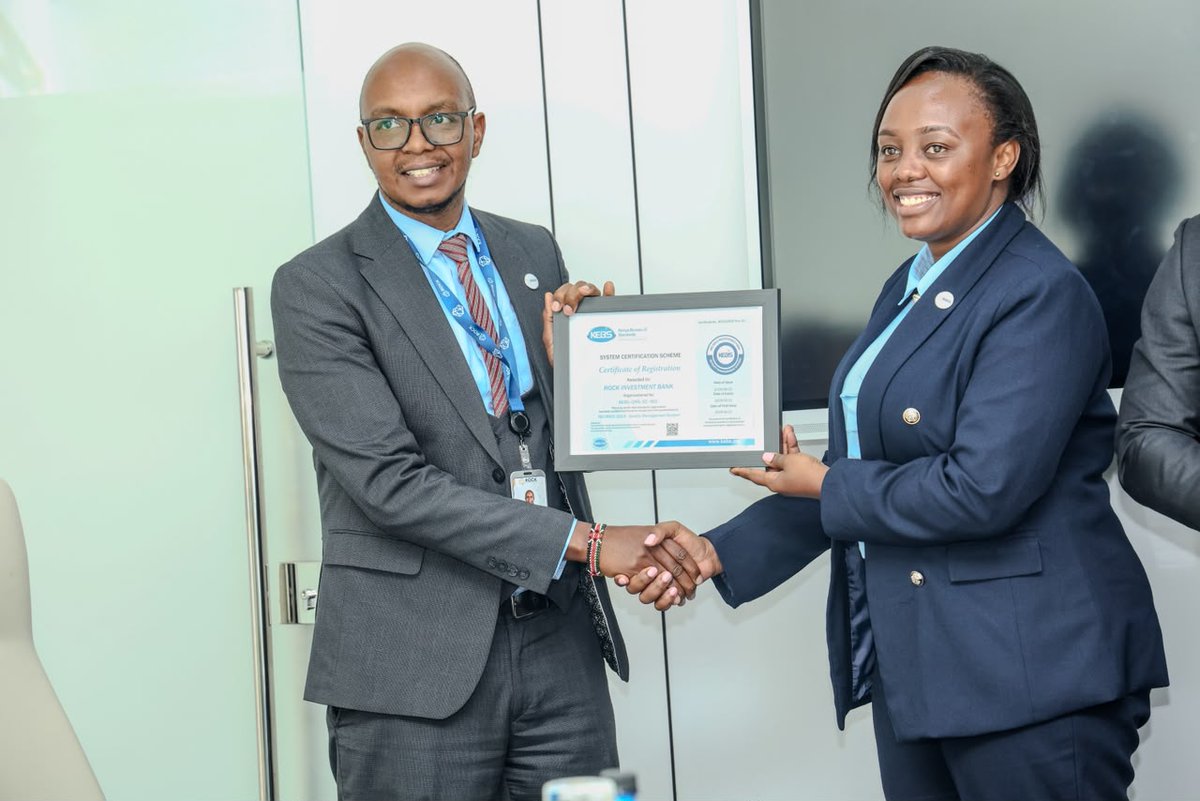 KEBS_ke's tweet photo. @KEBS_ke  this morning presented the ISO 9001:2015 Certification to Rock Investment Bank.

The certificate was presented by Eng. Zachariah Lukorito, Director Standards Development and Trade, and officially received by Managing Director, Dr. Belgrad Kenne, alongside Associate Director, Eliud Njoroge.

This milestone reflects the commitment of the Bank to quality management, continual improvement, and customer satisfaction. By adopting internationally recognized standards, Rock Investment Bank is strengthening its operational excellence and enhancing its competitiveness in the global marketplace.

Congratulations, Rock Investment Bank team, on this remarkable achievement. May this certification serve as a foundation for continued innovation, sustainable growth, and excellence, while inspiring other organizations to embrace standards as a driver of long-term success.

#KEBS #QualityMatters #ISO90012015 ^NJ