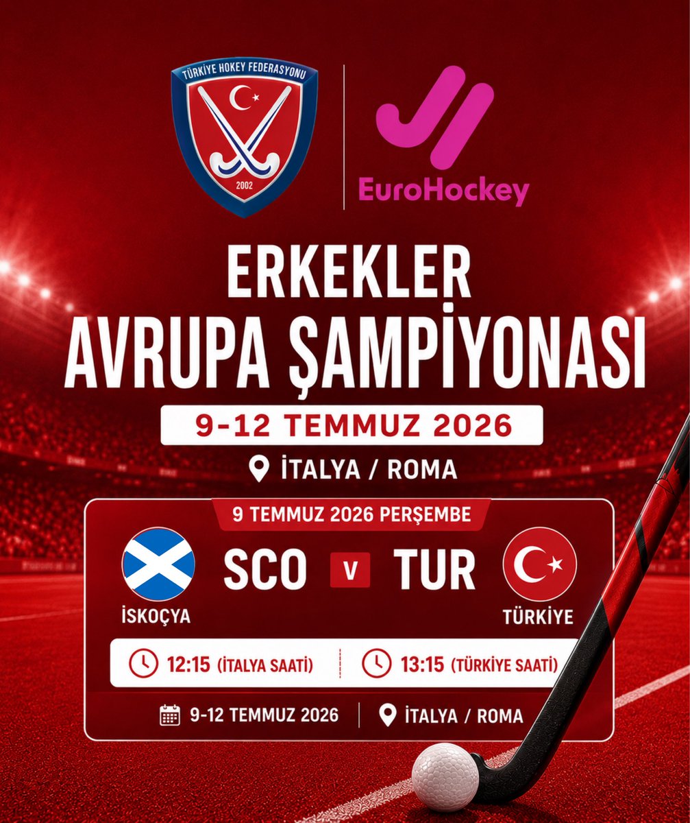 TurkHokey's tweet photo. Erkekler A Milli Takımımız, İtalya’nın Roma kentinde düzenlenecek olan Erkekler Avrupa Şampiyonası açılış maçında 9 Temmuz 2026 tarihinde  İskoçya ile karşılaşacak. Başarılar MİLLİ TAKIM 🏑🇹🇷 https://t.co/kRMLhy8Ydy