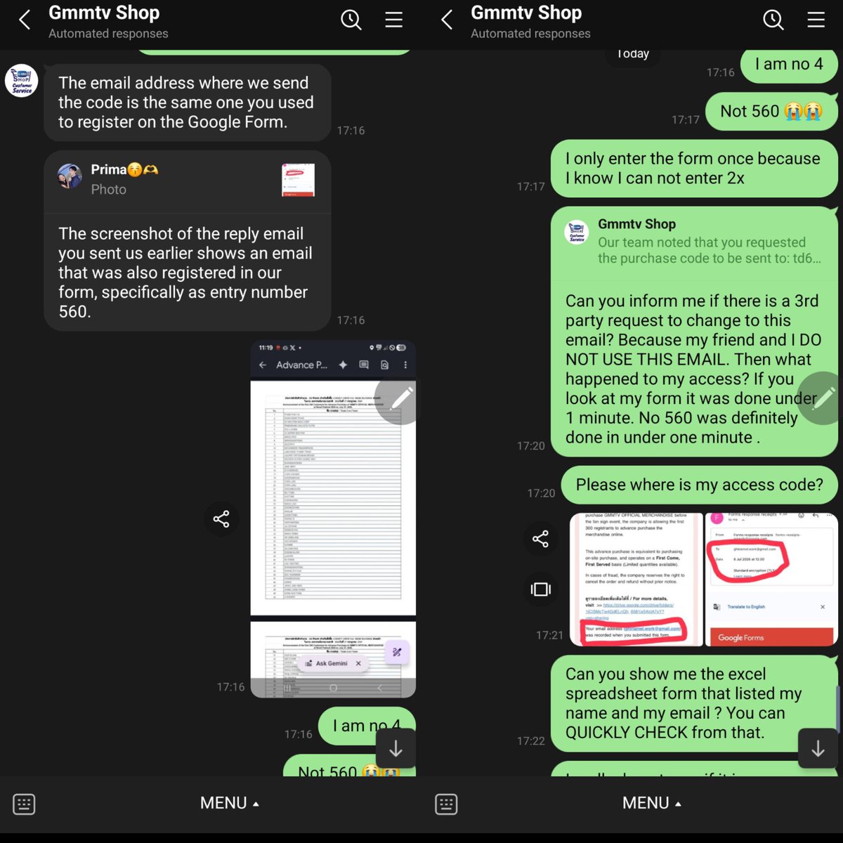 kaptenkapal934's tweet photo. Please help to RT and share 😭😭😭😭

Hello Phi @GmmtvShop up until now I have not received my access code email and tomorrow morning is my preorder access time for the 27th of Jult session.

I asked you via line and you said that the access code was sent to an email address, but it was not the address that was used when i filled in the form. You can see it in the copy of the form RECEIVED AT THE CORRECT EMAIL after I fill in the form.

I don't really care if it was an error in the system, I JUST WANT TO RECEIVE THE ACCESS CODE THAT WE FOUGHT FOR. The form was filled using the same email address that I have used multiple times and so far there was never an issue with it. 

To emphasize, THIS WAS NOT A SHOP FORM FILLING SERVICE EMAIL, this is a personal email we have been using multiple times to fill in form. 

The email used was g*******.w***@gmail.com as seen in the form receipt but you said the access code was sent to  t*****922@gmail.com. 

There was NEVER a request from my side to change this email address. At this point I do not care what happened behind the scene, just please send me my access code to the correct email and forfeit the code WRONGFULLY SENT to t*****922@gmail.com.

Thank you for your kind support and attention.

#งานมหกรรมนิยายนานาชาติ2026xGMMTV
