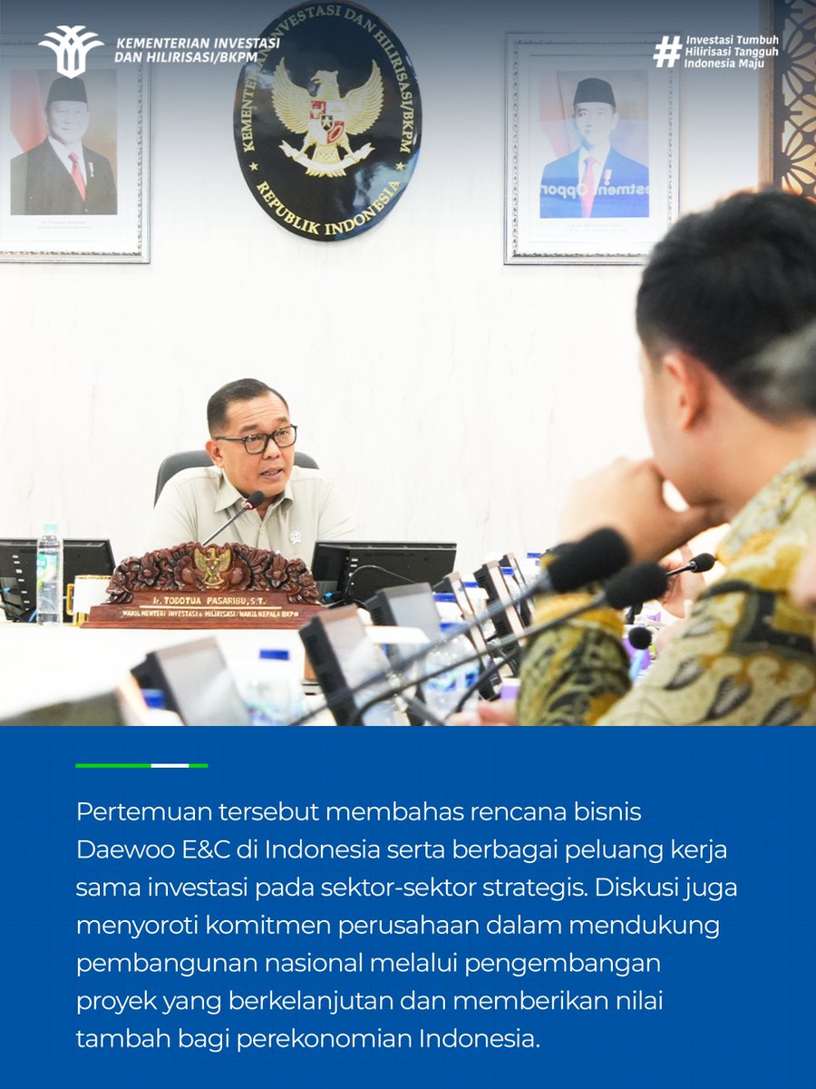 bkpm's tweet photo. Wamen Todotua, bertemu Chairman Daewoo E&amp;C Jung Wonju. Pertemuan membahas rencana bisnis Daewoo E&amp;C di Indonesia dan peluang kerja sama investasi (8/7). https://t.co/g9p9wSuzop