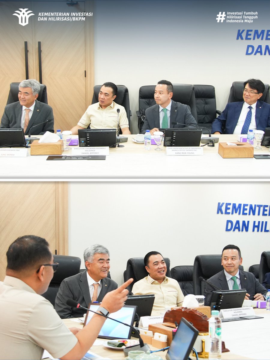 bkpm's tweet photo. Vice Minister Todotua met with Daewoo E&amp;C Chairman Jung Wonju. The meeting discussed the company's business plans in Indonesia and investment cooperation opportunities (8/7). https://t.co/US8wF6zIKK