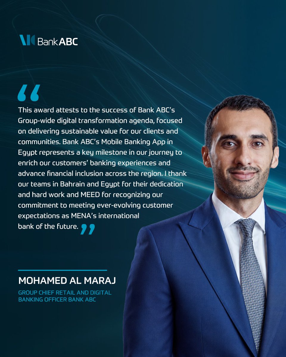 BankABC_News's tweet photo. We are honored to be awarded the ‘Best Mobile Banking Application in the Middle East’ at MEED | Middle East Economic Digest’s MENA Banking Excellence Awards 2026. This achievement reflects the strength of our Group-wide digital transformation agenda, the power of collaboration across our markets, and our commitment to delivering secure, seamless, and innovative banking experiences that create lasting value for customers and support economic progress across our markets.

The success of Bank ABC’s Mobile Banking App in Egypt is a testament to the meaningful impact of our digital innovation journey, which has redefined banking while advancing financial inclusion in the region.

#BankABC #DigitalTransformation #Innovation #MobileBanking #Egypt